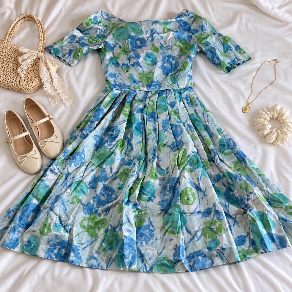 50s handmade floral midi dress metal zipper fits like an xs to xxs